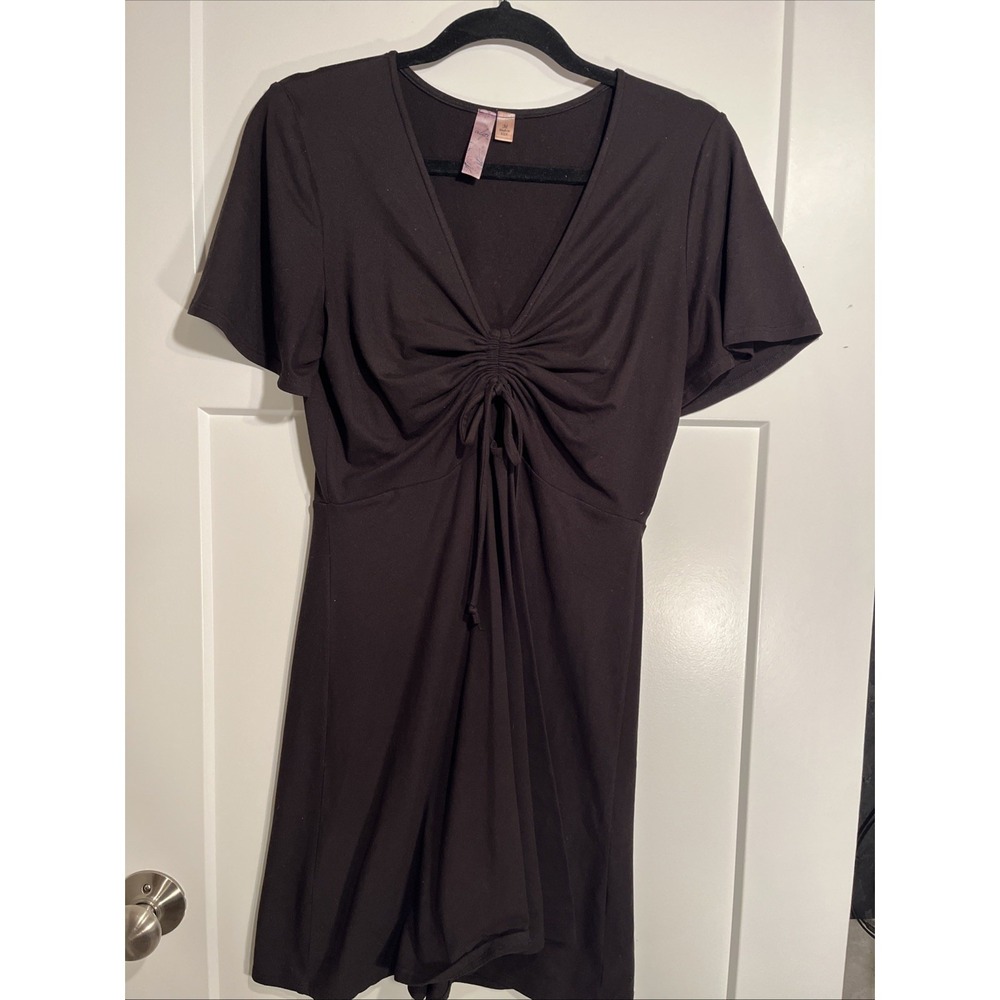 Alya Women Black Short Sleeve V Neck Ruched Drawstring T-Shirt Dress Size Medium
